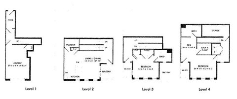 Four different floor plans for a building are shown, labeled Level 1 through Level 4.